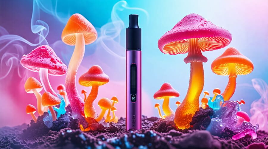 An abstract depiction of harmony between vaping and mushroom gummies, showing swirling smoke patterns alongside mushroom shapes growing from gummies, symbolizing balance and calm.